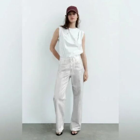 NWT ZARA FULL LENGTH Z1975 METALLIC STRAIGHT JEANS PEARL GRAY - Picture 5 of 5